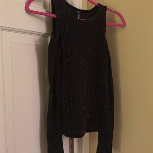 Long sleeve black and silver sparkles shirt with cold shoulders